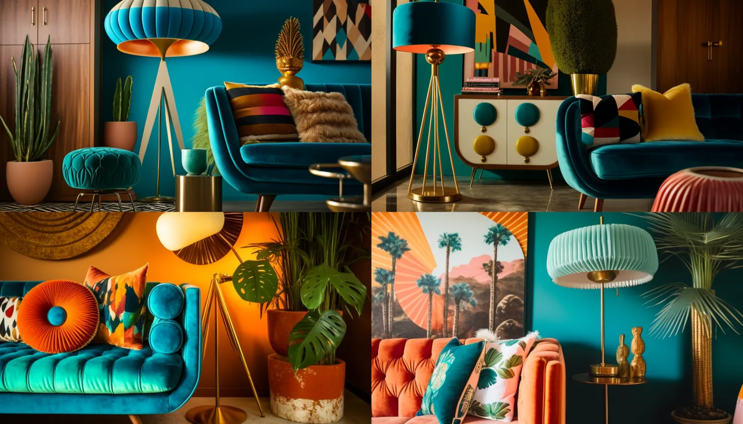 Editorial Style photo, Dutch Angle, Retro, Living Room, Accent Wall, Velvet, Wood, Metal, Vintage Decor, Bold, Vibrant, Joybird, Floor Lamp, Palm Springs, Late Afternoon, Funky, Fun, Mid-Century –ar 16:9