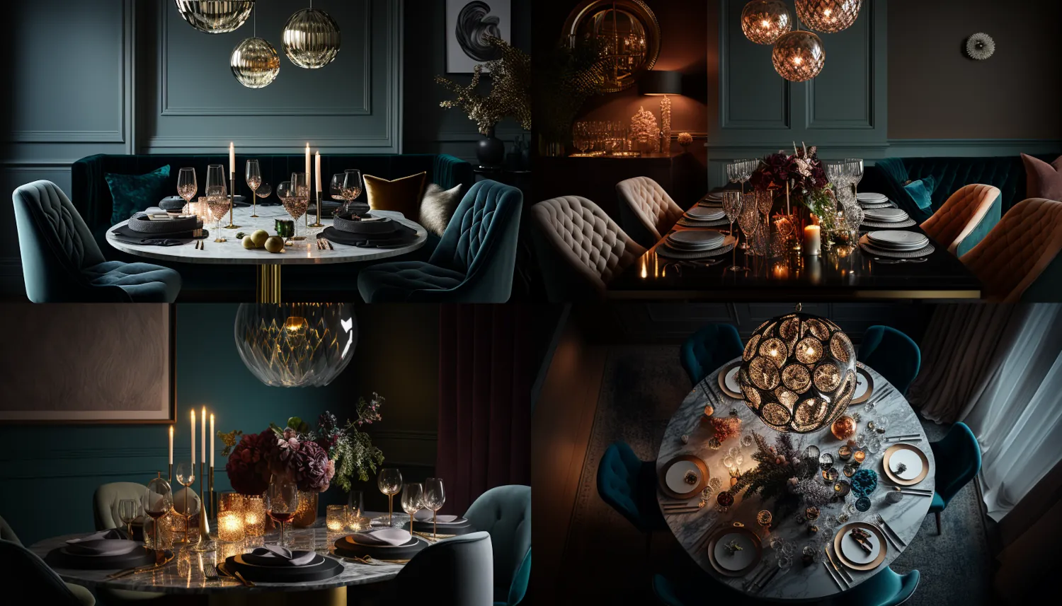 Editorial Style photo, High Angle, Mid-Century Modern, Dining Room, Chandelier, Glass, Marble, Velvet, Table Setting, Warm, Rich, West Elm, Ambient Lighting, London, Evening, Elegant, Chic, Modern –ar 16:9