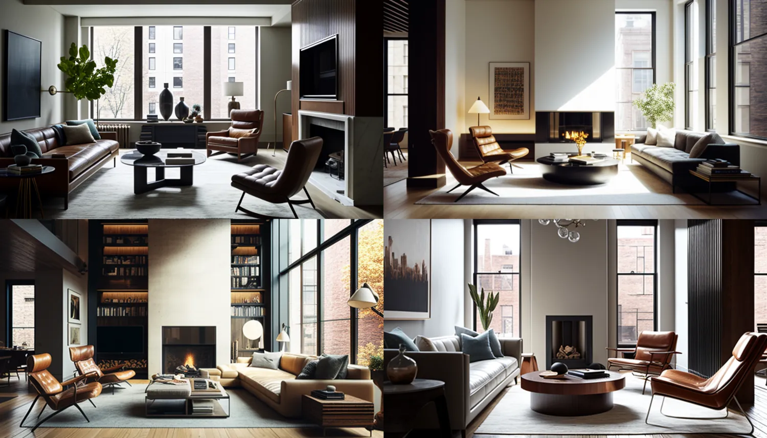 Editorial Style photo, Low Angle, Modern, Living Room, Fireplace, Leather, Metal, Wood, Sculptural Furniture, Neutral, Earthy, Roche Bobois, Natural Light, New York, Morning, Cozy, Inviting, Contemporary –ar 16:9
