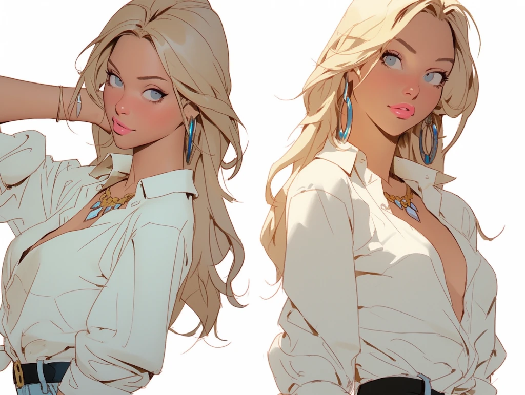 Generate an image that captures a glamorous, full-body shot of a beautiful blonde woman with blue eyes. She should be walking towards a sunset in a pose that exudes femininity and allure. Her expression should be scandalous and flirty, and she should have the body of a supermodel. The image should emphasize realistic textures. –ar 4:3 –s 1000 –style expressive –q 5 –niji 5