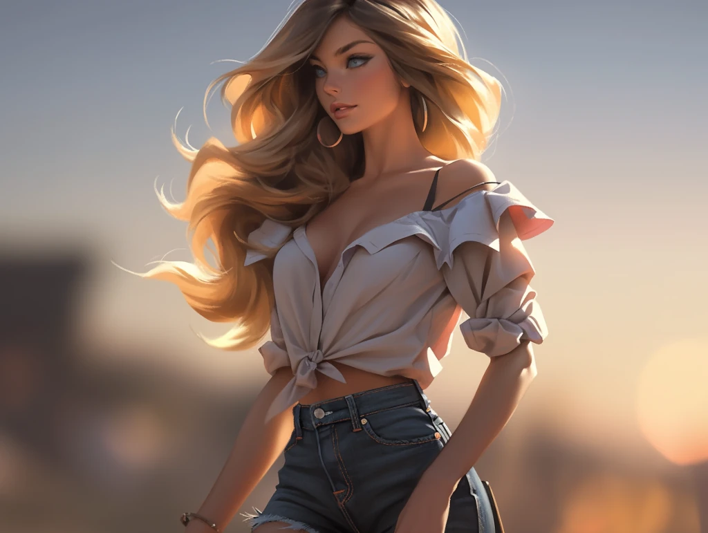 glamour full-body shot, beautiful blonde woman, blue eyes, walking towards a sunset, feminity, alluring, stunning, supermodel body, scandalous and flirty, realistic textures, feminine pose –ar 4:3 –s 1000 –style expressive –q 5 –niji 5