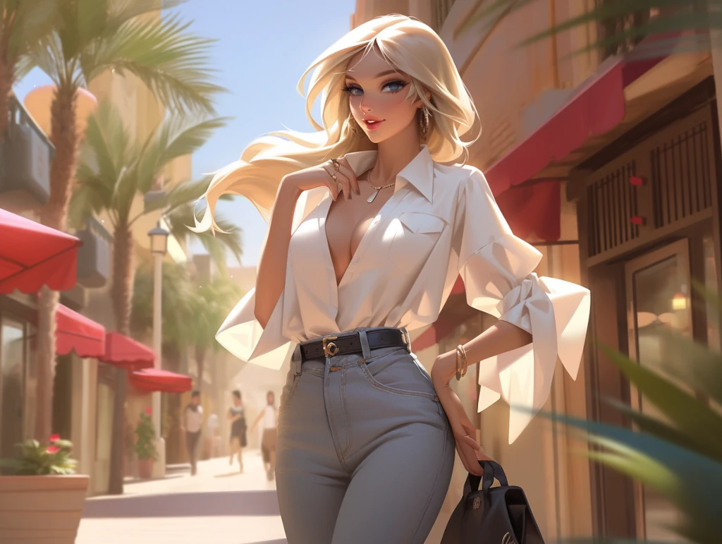 glamour full-body shot, beautiful blonde woman, blue eyes, walking towards a sunset, big bosom, feminity, alluring, stunning, supermodel body, scandalous and flirty, realistic textures, feminine pose –ar 4:3 –s 1000 –style expressive –q 5 –niji 5