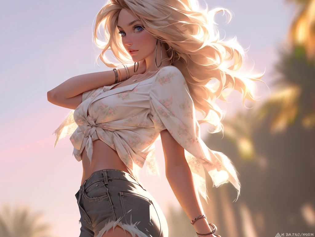 glamour full-body shot, beautiful blonde woman, blue eyes, walking towards a sunset, feminity, alluring, stunning, supermodel body, scandalous and flirty, realistic textures, feminine pose –ar 4:3 –s 1000 –style expressive –q 5 –niji 5