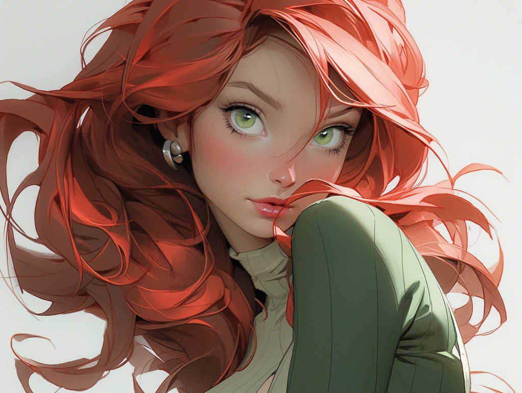 glamour full-body shot,  beautiful red haired woman,  striking green eyes,  scandalous and flirty,  alluring,  stunning,  supermodel body,  scandalous and flirty,  realistic textures,  feminine pose &ndash;ar 4:3  &ndash;s 1000  &ndash;style expressive  &ndash;q 5  &ndash;niji 5