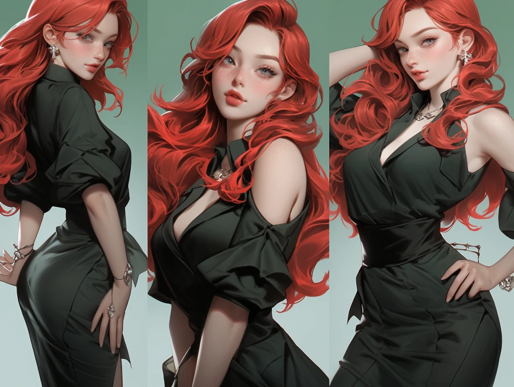 glamour full-body shot, beautiful red haired woman, striking green eyes, scandalous and flirty, feminity, busty, alluring, stunning, supermodel body, scandalous and flirty, realistic textures, feminine pose &ndash;ar 4:3 &ndash;s 1000 &ndash;style expressive &ndash;q 5 &ndash;niji 5