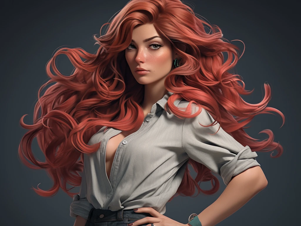 glamour full-body shot,  beautiful red haired woman,  striking green eyes,  scandalous and flirty,  feminity,  alluring,  stunning,  supermodel body,  scandalous and flirty,  realistic textures,  feminine pose &ndash;ar 4:3  &ndash;s 1000  &ndash;style expressive  &ndash;q 5  &ndash;niji 5
