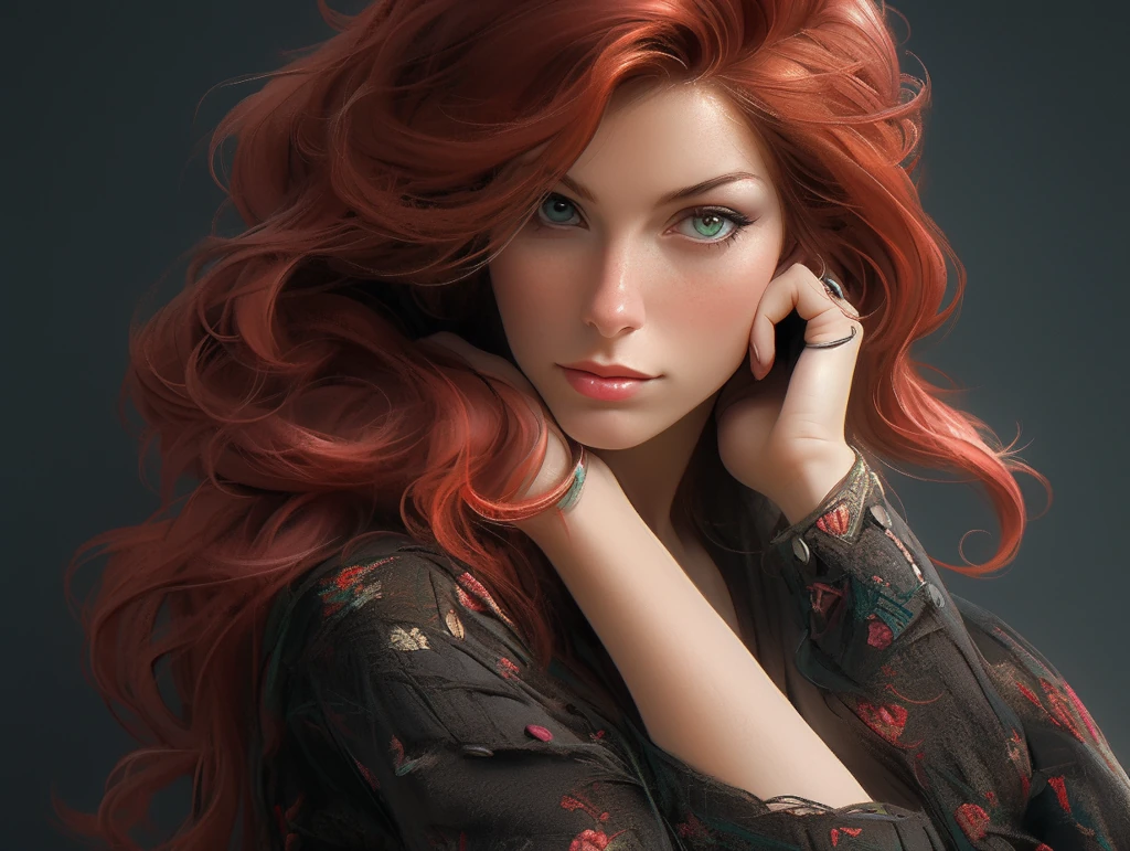 glamour full-body shot,  beautiful red haired woman,  striking green eyes,  scandalous and flirty,  feminity,  alluring,  stunning,  supermodel body,  scandalous and flirty,  realistic textures,  feminine pose &ndash;ar 4:3  &ndash;s 1000  &ndash;style expressive  &ndash;q 5  &ndash;niji 5