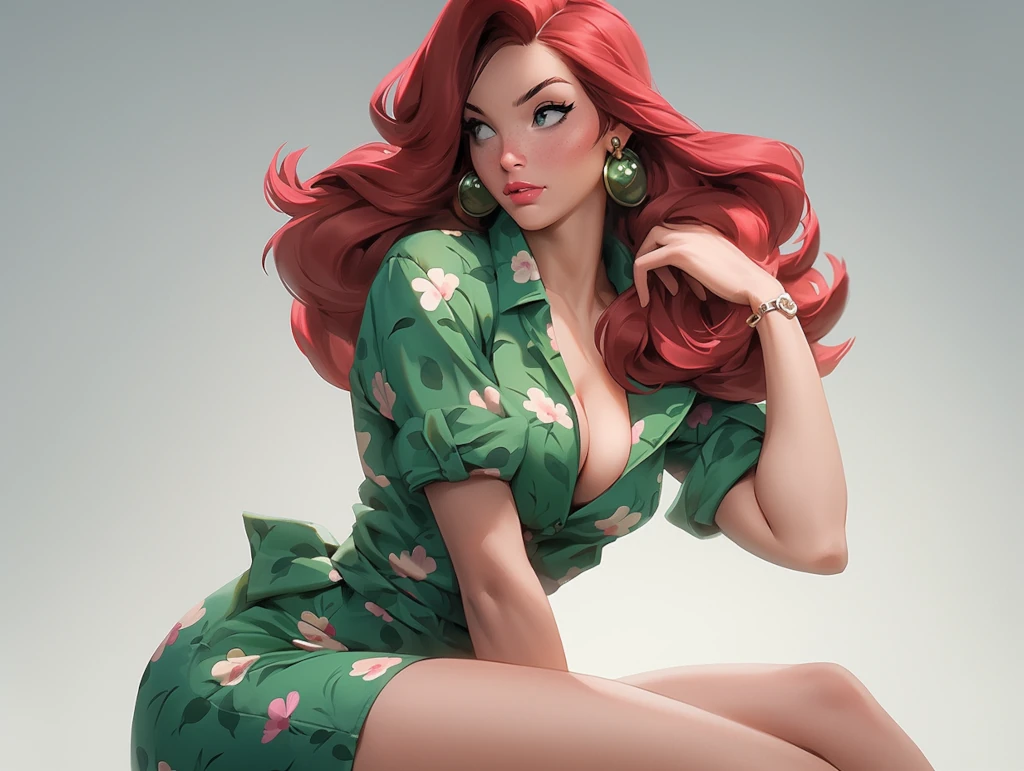 glamour full-body shot, beautiful red haired woman, striking green eyes, scandalous and flirty, feminity, big bosom, busty, alluring, stunning, supermodel body, scandalous and flirty, realistic textures, feminine pose &ndash;ar 4:3 &ndash;s 1000 &ndash;style expressive &ndash;q 5 &ndash;niji 5