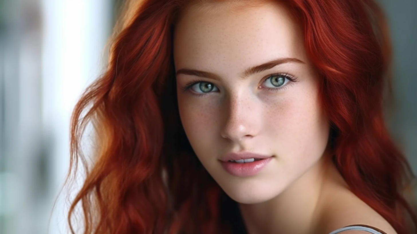 photo of a deep red hair girl, charming beatiful young women, faceshot, close up &ndash;ar 16:9 &ndash;s 1000 &ndash;c 100 &ndash;style raw &ndash;v 5.1