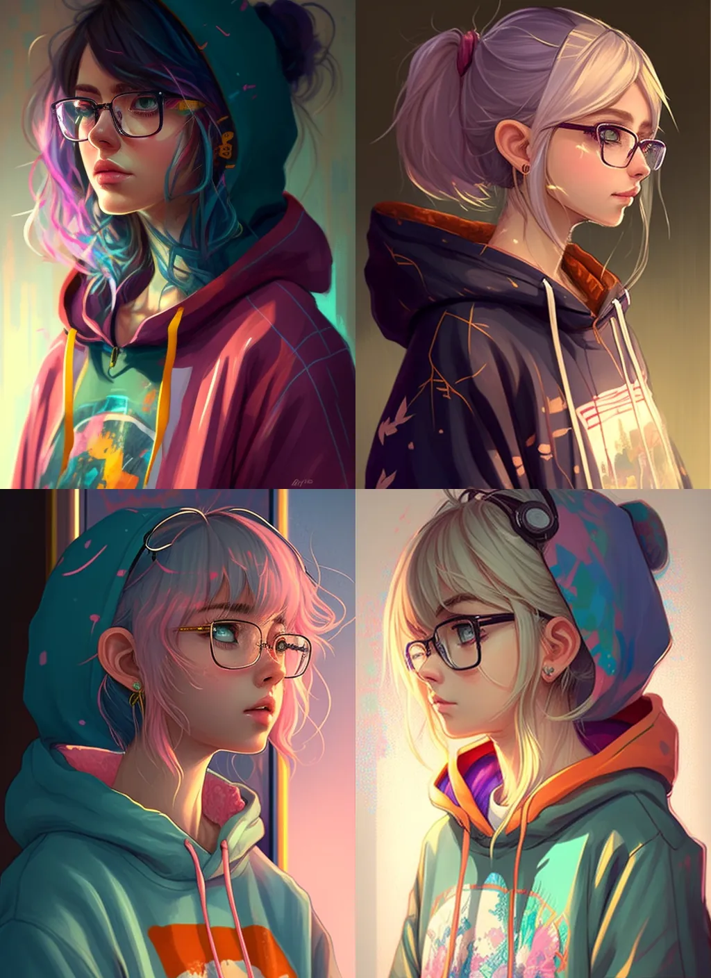 Pop girl, big earrings, profile, colorful hoodie, glasses, lofi collar, long neck, extra eyes, extra face, anime picture, anime, lofi art, lofi vibes, portrait of a beautiful anime girl. &ndash;aspect 5:7 &ndash;q 2