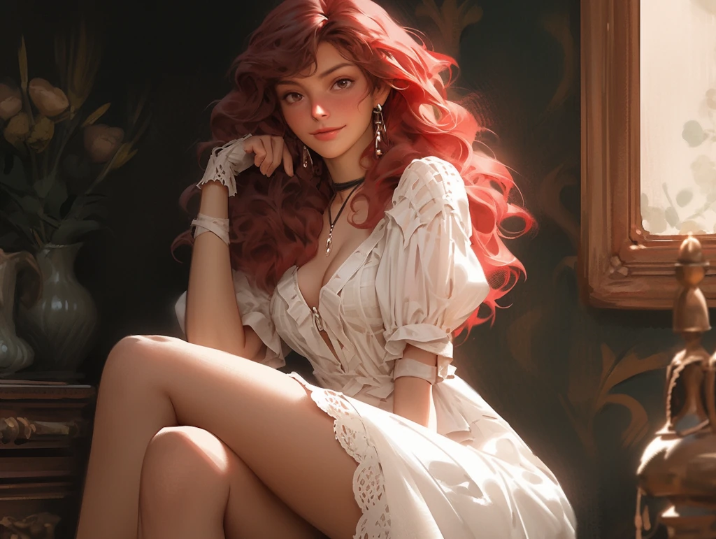 portrait, photorealistic, full shot, glamour full-body shot, deep red hair, supermodel body, playboy bunny, charming beatiful young women, scandalous and flirty, lace dress, feminity, alluring, stunning, feminine pose, cinematic, bright lighting, &ndash;ar 4:3 &ndash;s 1000 &ndash;niji &ndash;style expressive